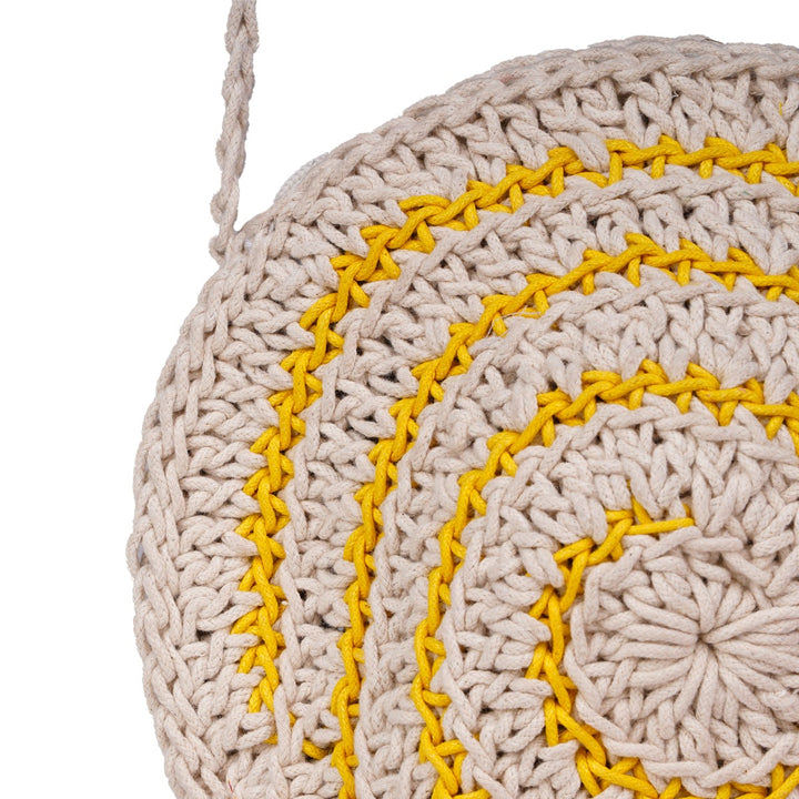 Miniature Round Mini Sling Bag | Hand-Crochet | Cotton |  Off White & Mustard