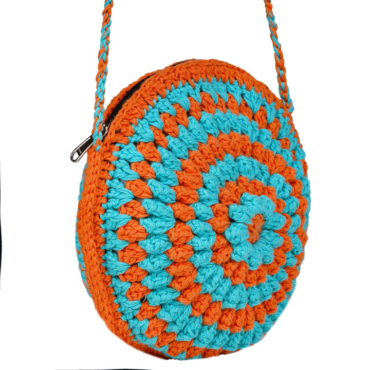 Cherry Round Mini Sling Bag | Hand-Crochet | Cotton Yarn | Rust & Turquoise