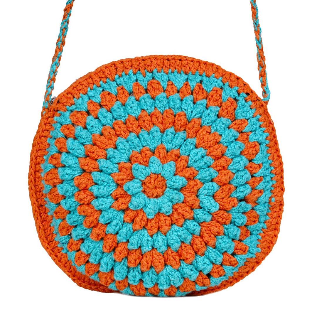 Cherry Round Mini Sling Bag | Hand-Crochet | Cotton Yarn | Rust & Turquoise