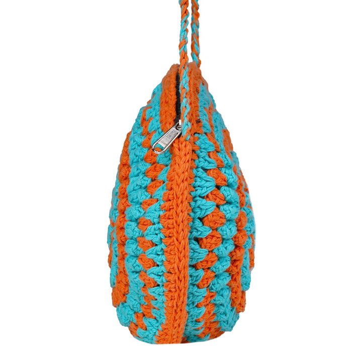 Cherry Round Mini Sling Bag | Hand-Crochet | Cotton Yarn | Rust & Turquoise