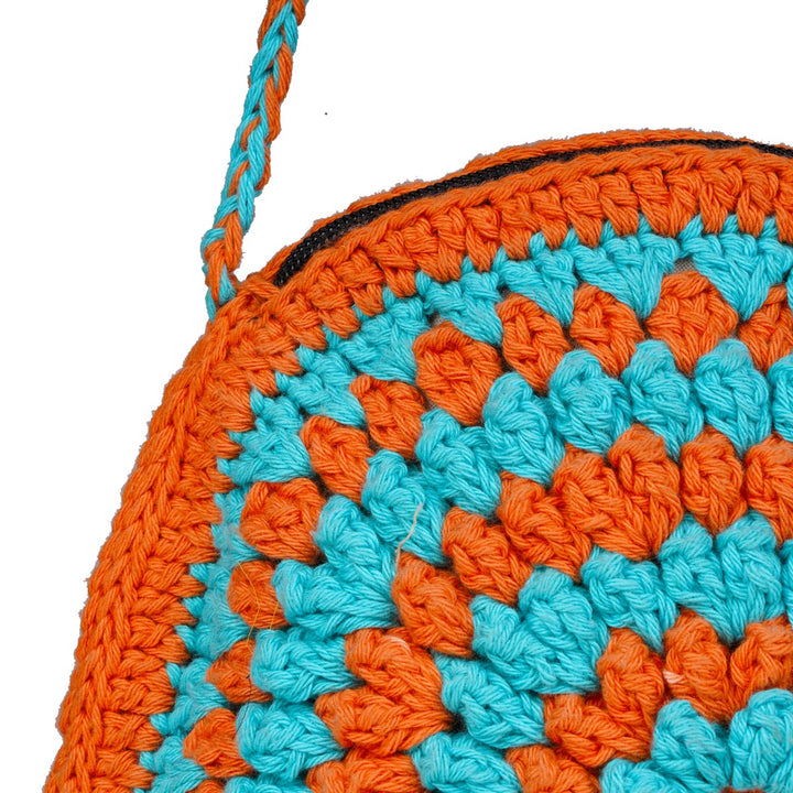 Cherry Round Mini Sling Bag | Hand-Crochet | Cotton Yarn | Rust & Turquoise