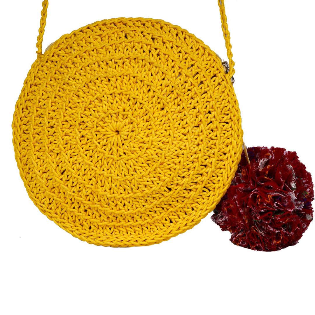 Miniature Round Mini Sling Bag | Hand-Crochet | Cotton Yarn | Mustard Yellow