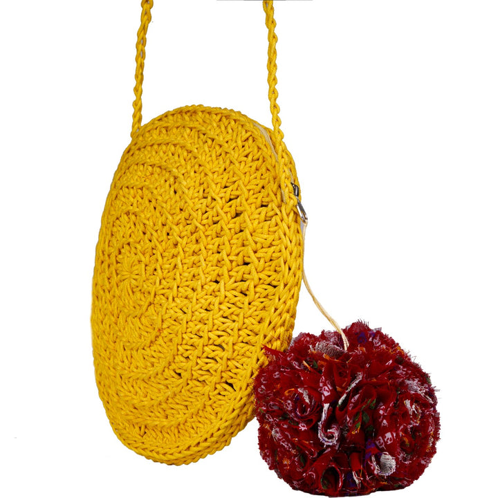 Miniature Round Mini Sling Bag | Hand-Crochet | Cotton Yarn | Mustard Yellow