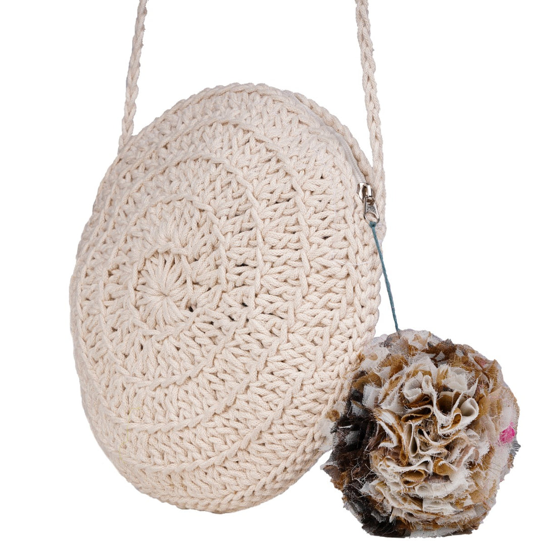 Miniature Round Mini Sling Bag | Hand-Crochet | Cotton Yarn | Off White