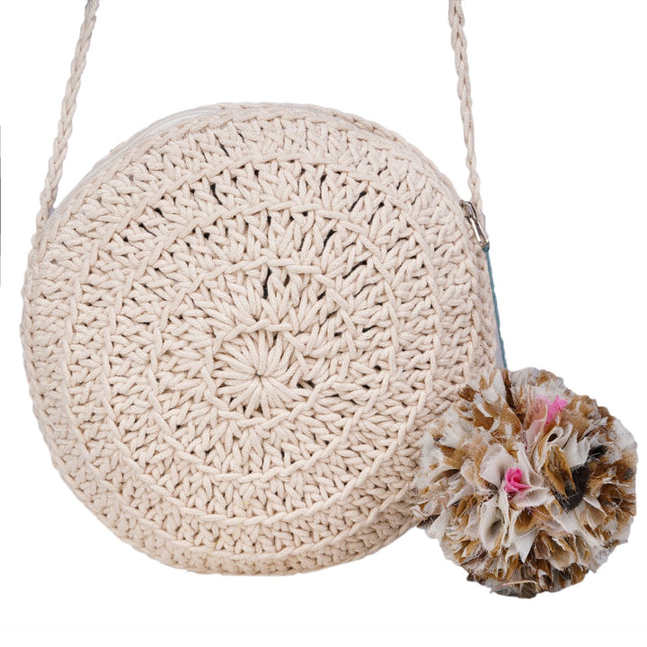 Miniature Round Mini Sling Bag | Hand-Crochet | Cotton Yarn | Off White