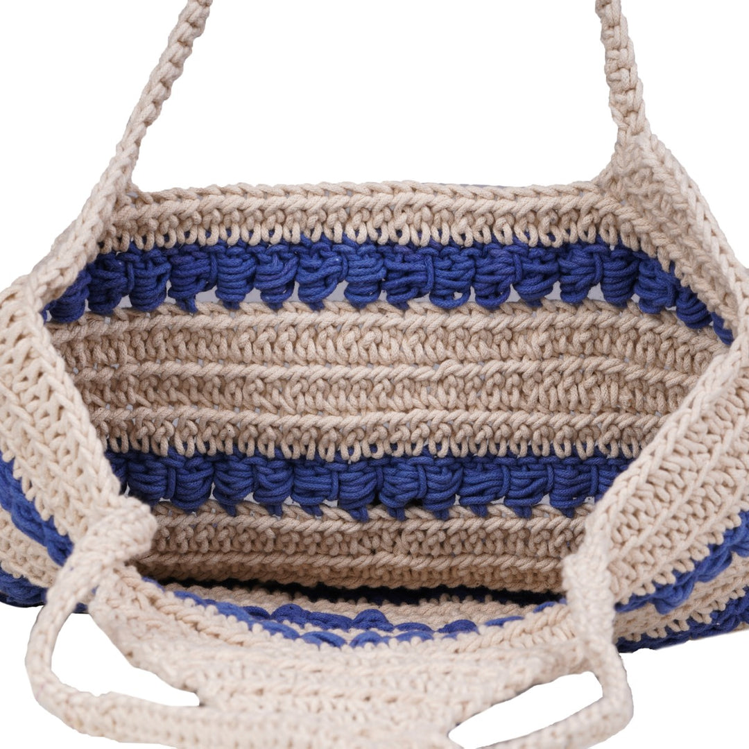 Striper Handbag Bag | Hand-Crochet | Cotton Yarn | Off White & Royal Blue