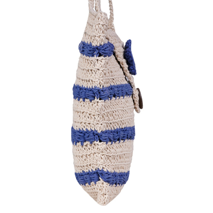 Striper Handbag Bag | Hand-Crochet | Cotton Yarn | Off White & Royal Blue