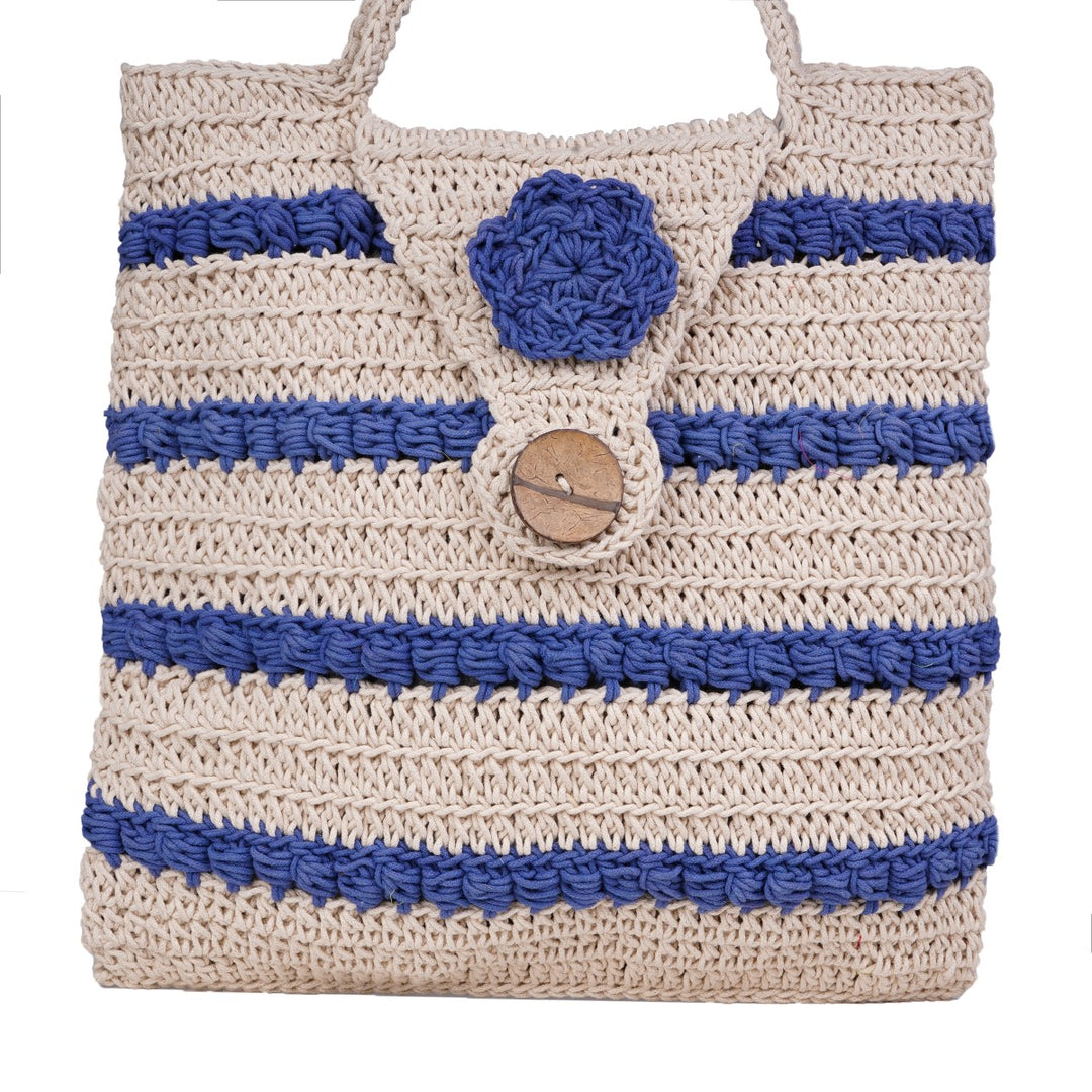 Striper Handbag Bag | Hand-Crochet | Cotton Yarn | Off White & Royal Blue