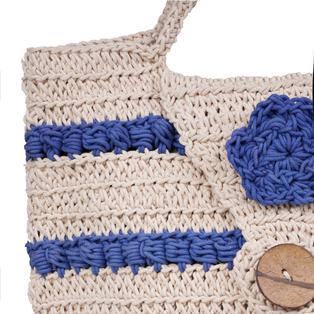 Striper Handbag Bag | Hand-Crochet | Cotton Yarn | Off White & Royal Blue