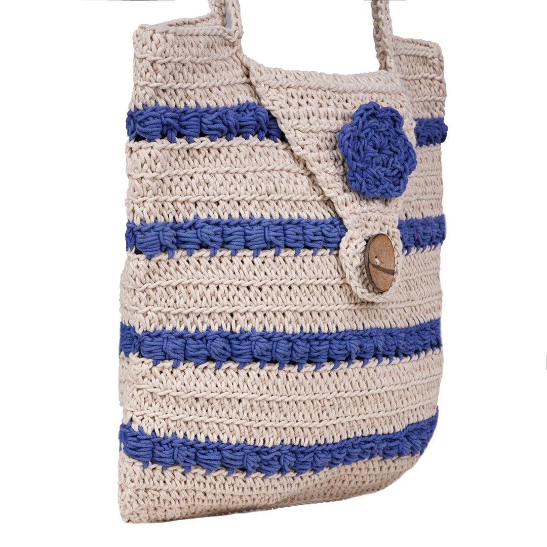 Striper Handbag Bag | Hand-Crochet | Cotton Yarn | Off White & Royal Blue