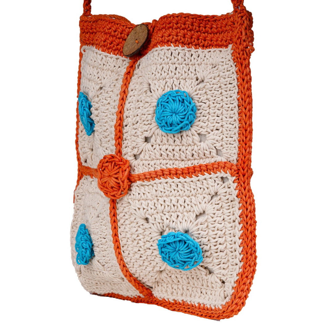 Rectangular Crossbody Bag | Hand-Crochet | Cotton Yarn | Off White & Orange