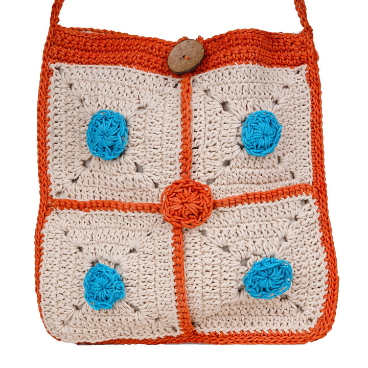 Rectangular Crossbody Bag | Hand-Crochet | Cotton Yarn | Off White & Orange