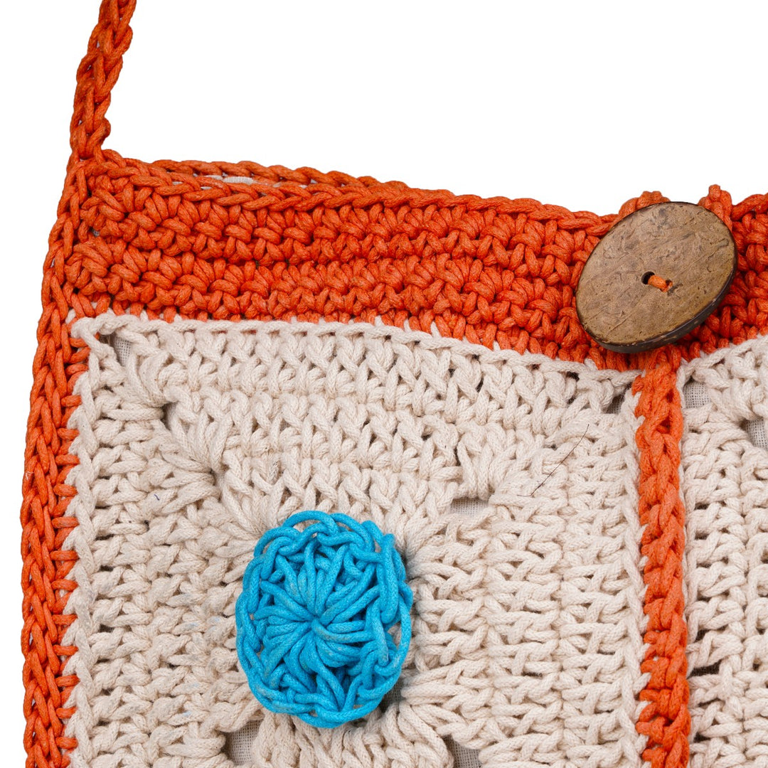 Rectangular Crossbody Bag | Hand-Crochet | Cotton Yarn | Off White & Orange