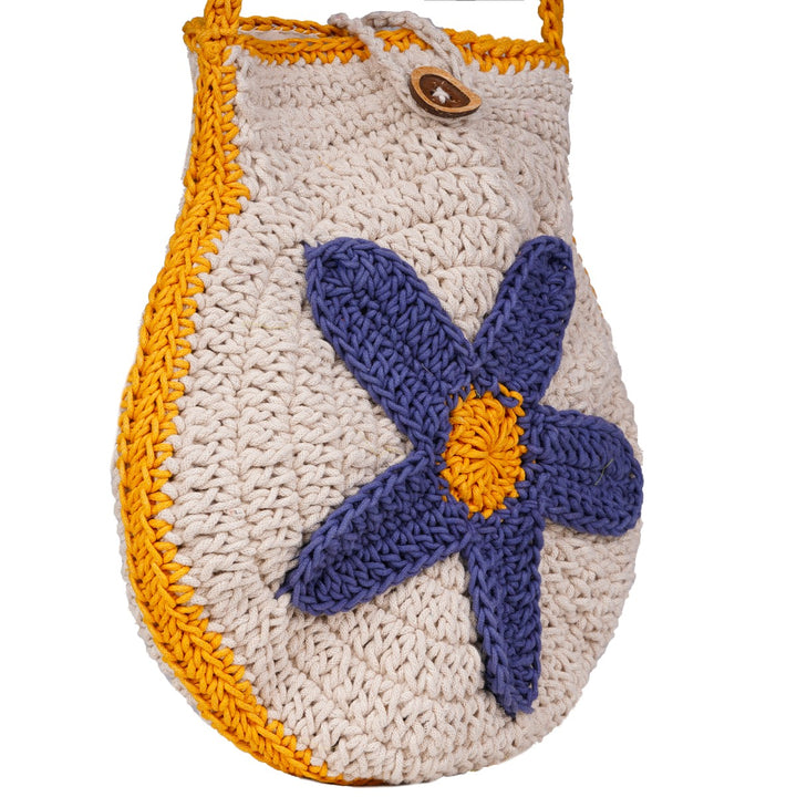 Blue Flower Mini Shoulder Bag | Hand-Crochet | Cotton Yarn | Off White & Mustard