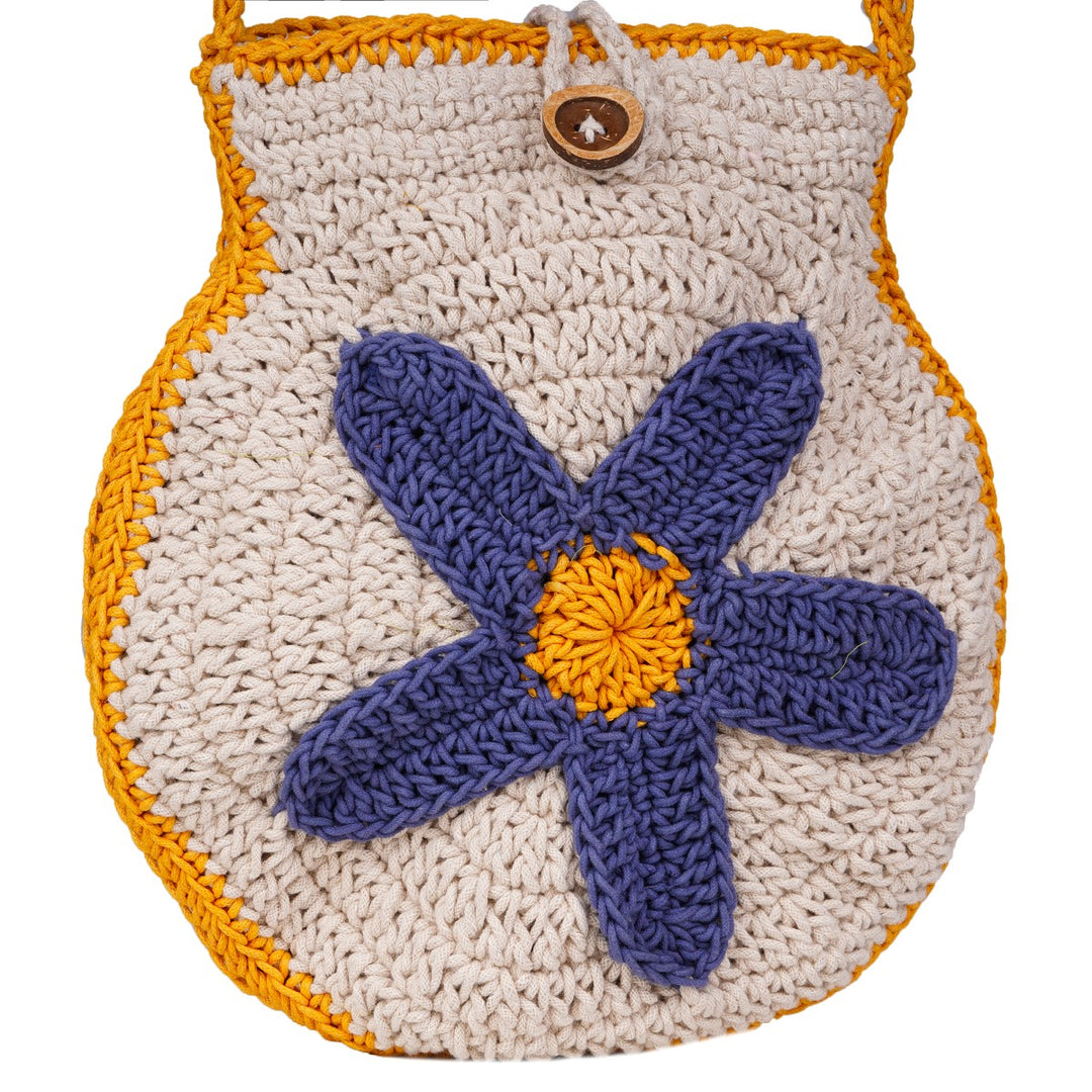 Blue Flower Mini Shoulder Bag | Hand-Crochet | Cotton Yarn | Off White & Mustard