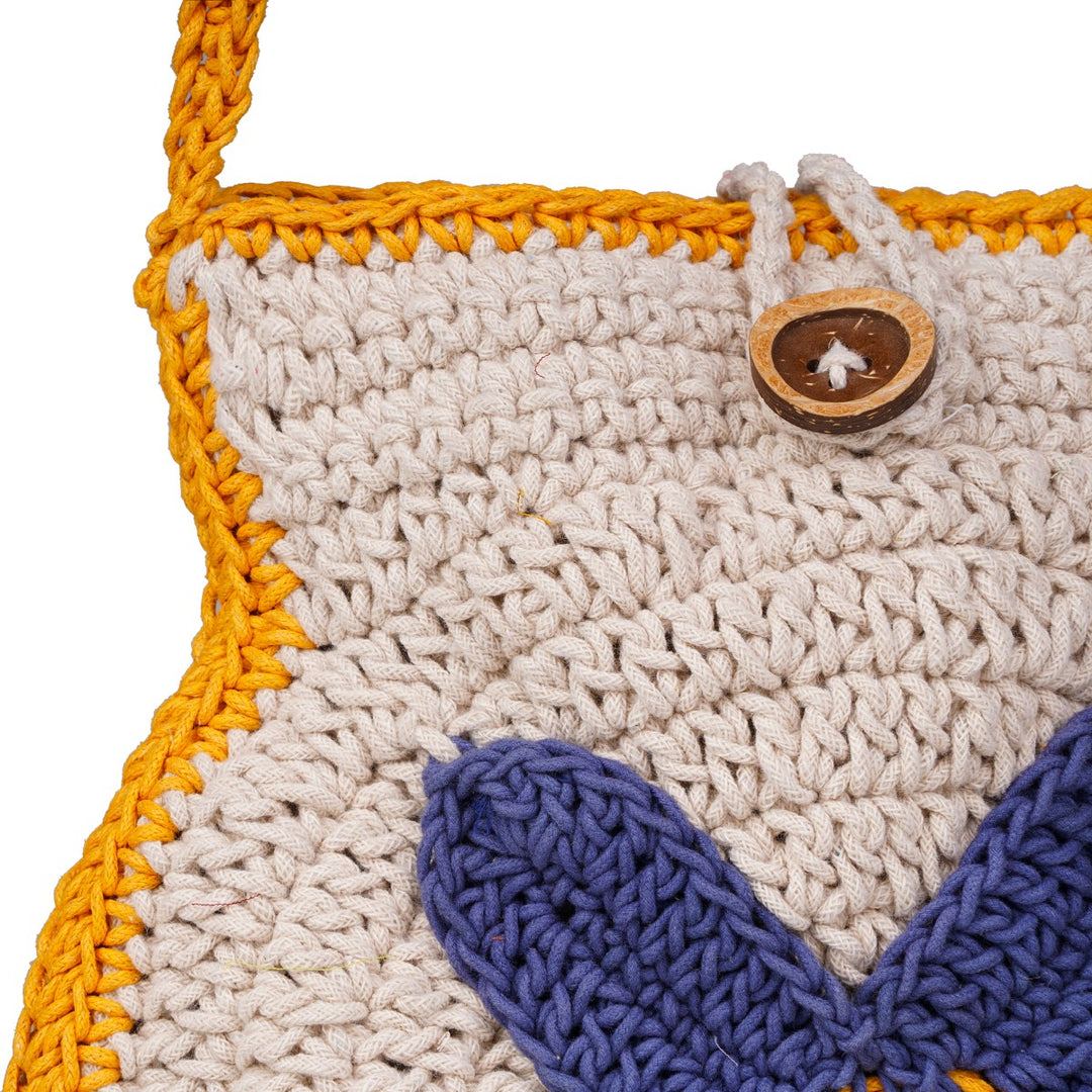 Blue Flower Mini Shoulder Bag | Hand-Crochet | Cotton Yarn | Off White & Mustard