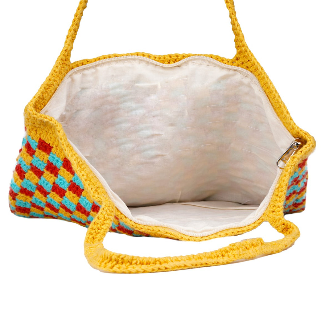 The Checkered Board Hand Bag | Hand-Crochet | Cotton Yarn | Mustard Yellow