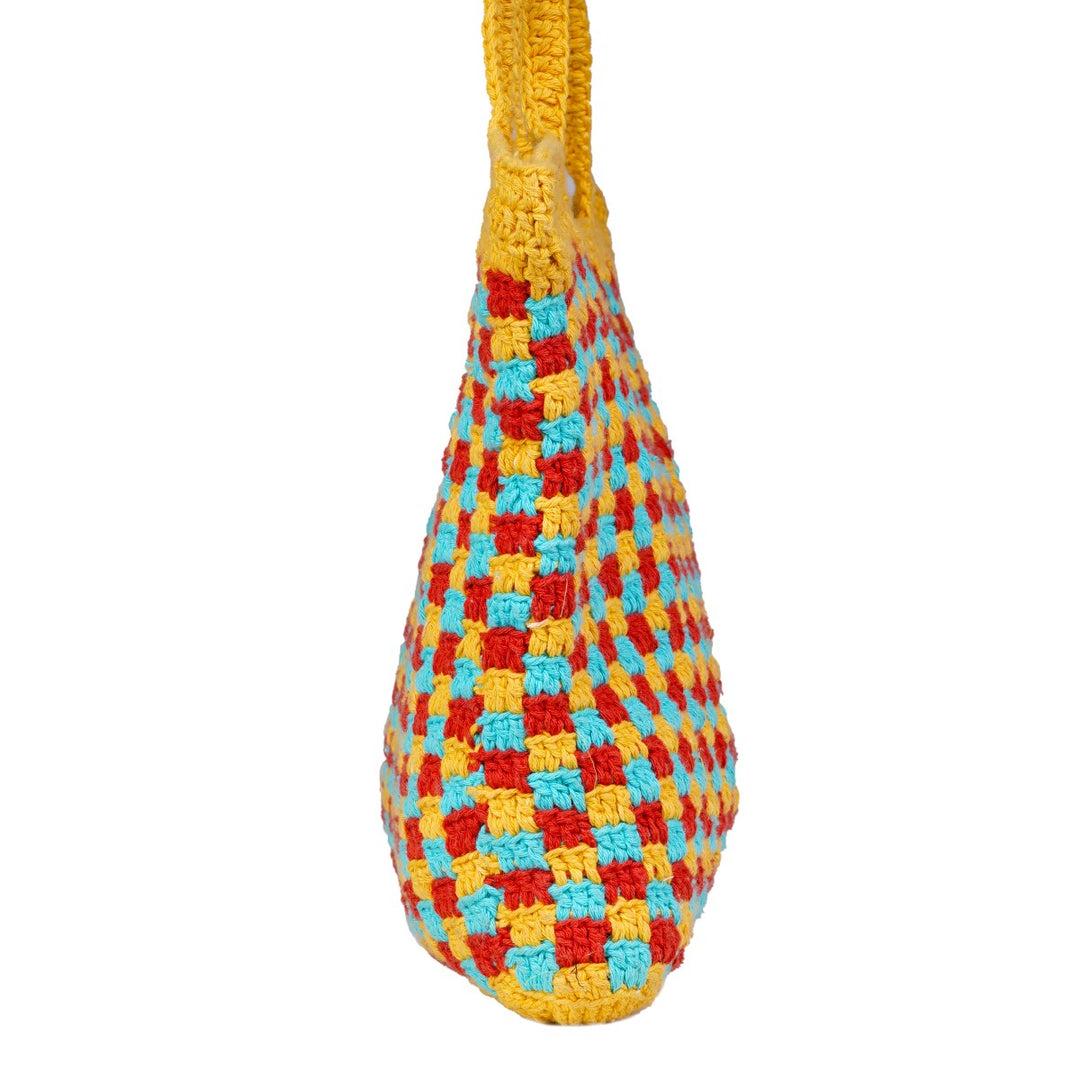 The Checkered Board Hand Bag | Hand-Crochet | Cotton Yarn | Mustard Yellow