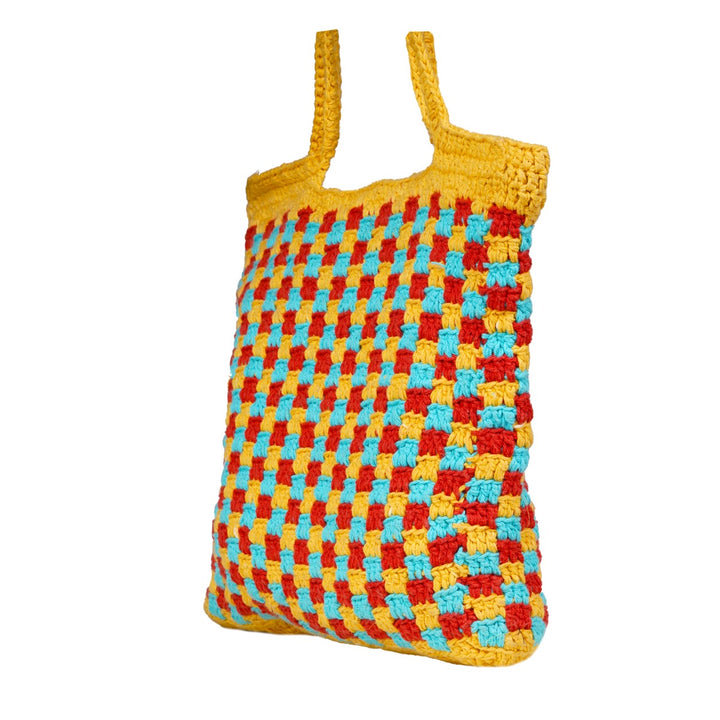 The Checkered Board Hand Bag | Hand-Crochet | Cotton Yarn | Mustard Yellow