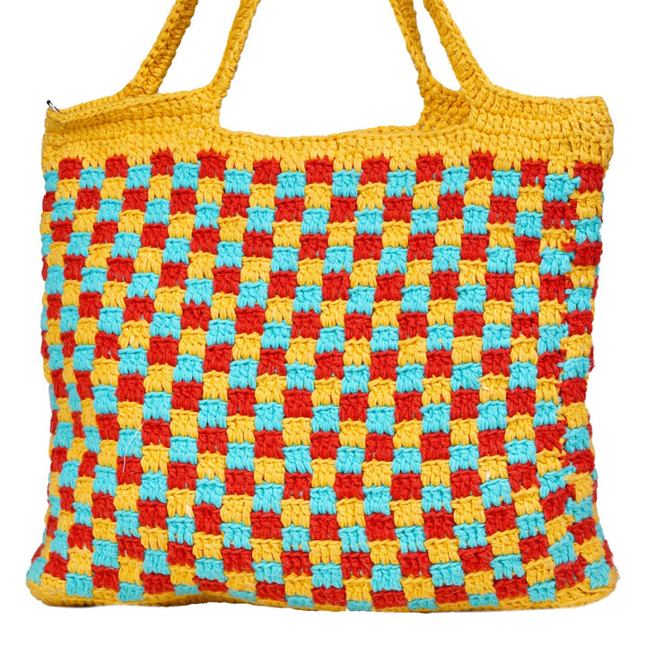 The Checkered Board Hand Bag | Hand-Crochet | Cotton Yarn | Mustard Yellow