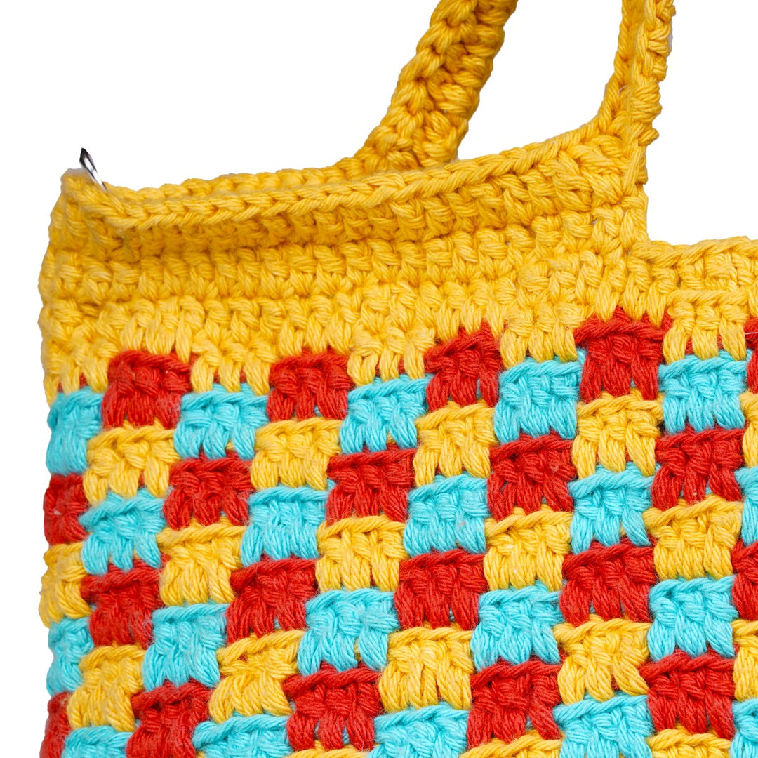 The Checkered Board Hand Bag | Hand-Crochet | Cotton Yarn | Mustard Yellow