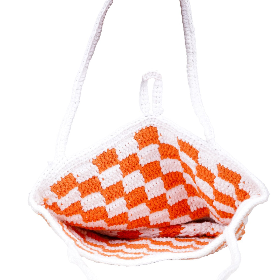 Hand-crafted Checkered Board Bag | Hand-Crochet | Cotton Yarn | White