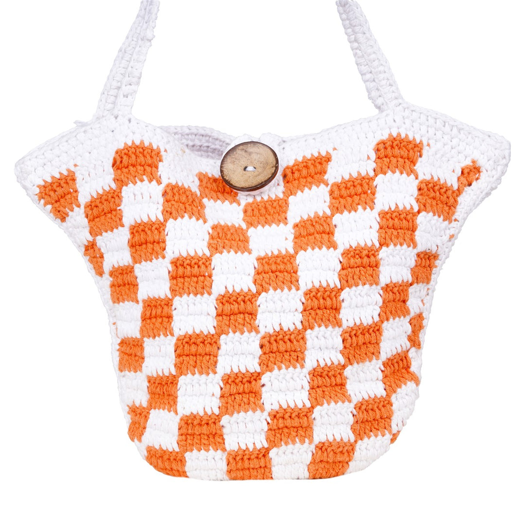 Hand-crafted Checkered Board Bag | Hand-Crochet | Cotton Yarn | White