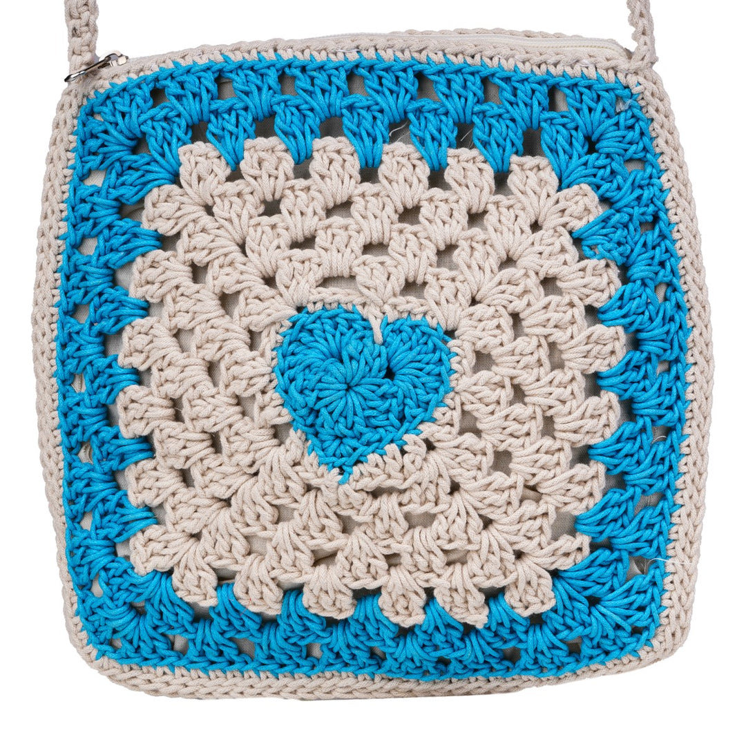 Women Square Sling Bag | Hand-Crochet | Cotton Yarn | Off White & Blue