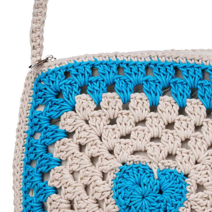 Women Square Sling Bag | Hand-Crochet | Cotton Yarn | Off White & Blue