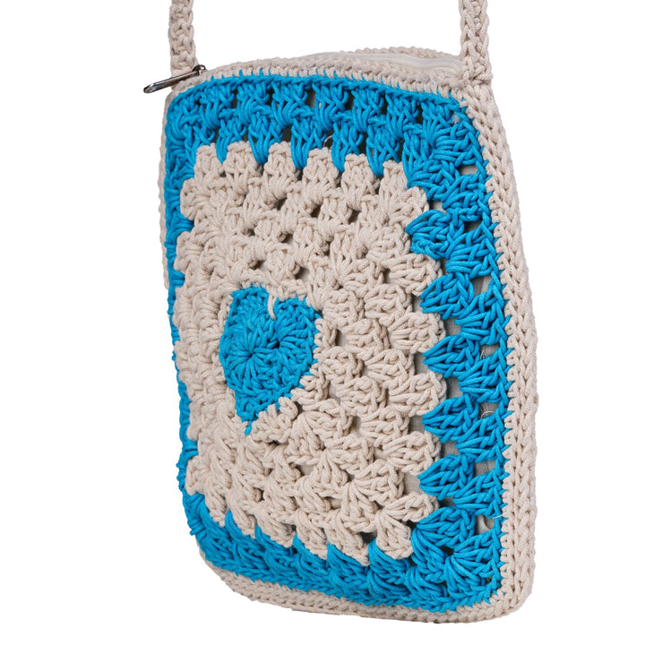 Women Square Sling Bag | Hand-Crochet | Cotton Yarn | Off White & Blue