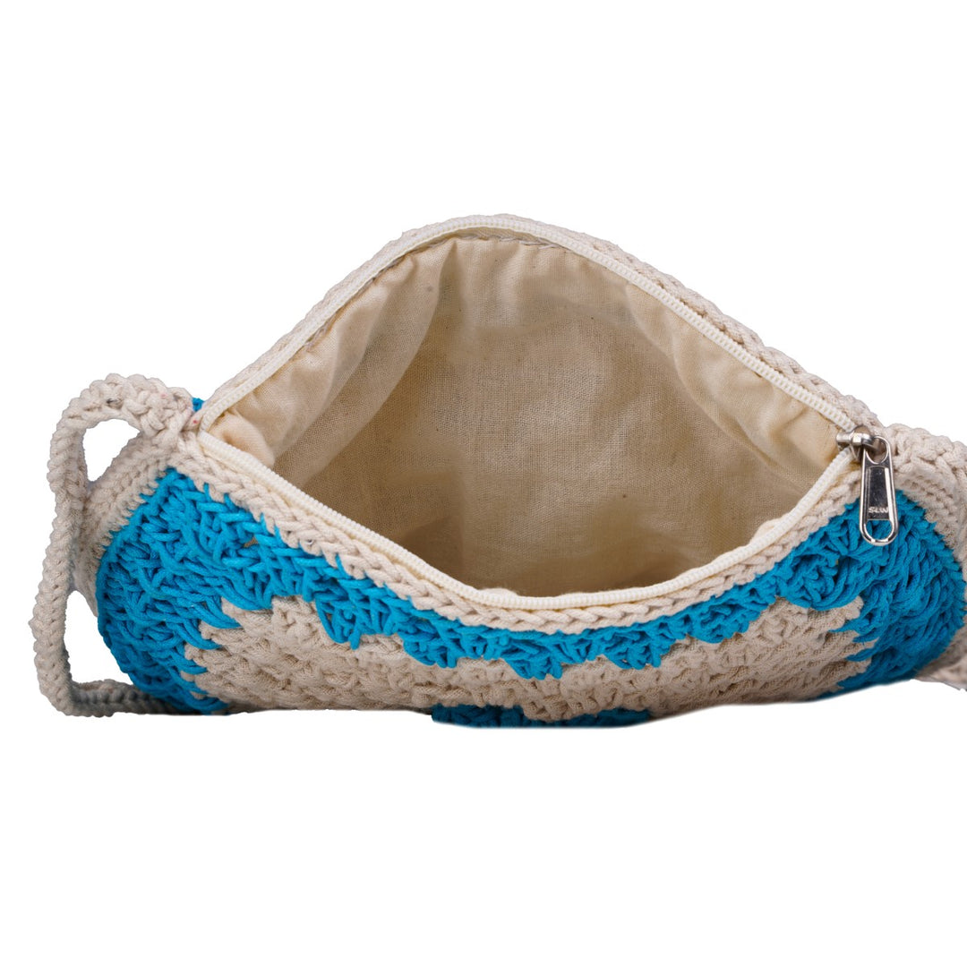 Women Square Sling Bag | Hand-Crochet | Cotton Yarn | Off White & Blue