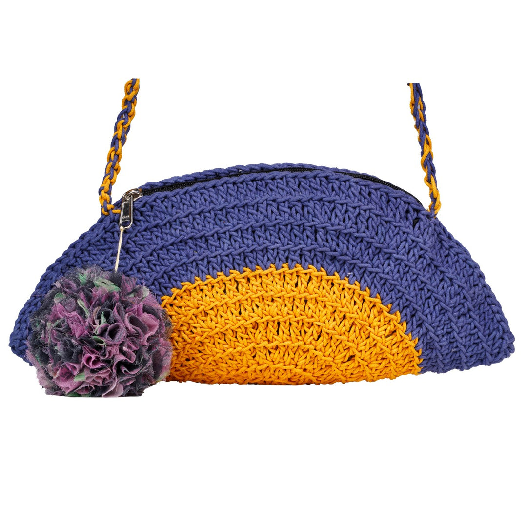 Half Circle Sling Bag | Hand-Crochet | Cotton Yarn | Navy Blue & Mustard Yellow