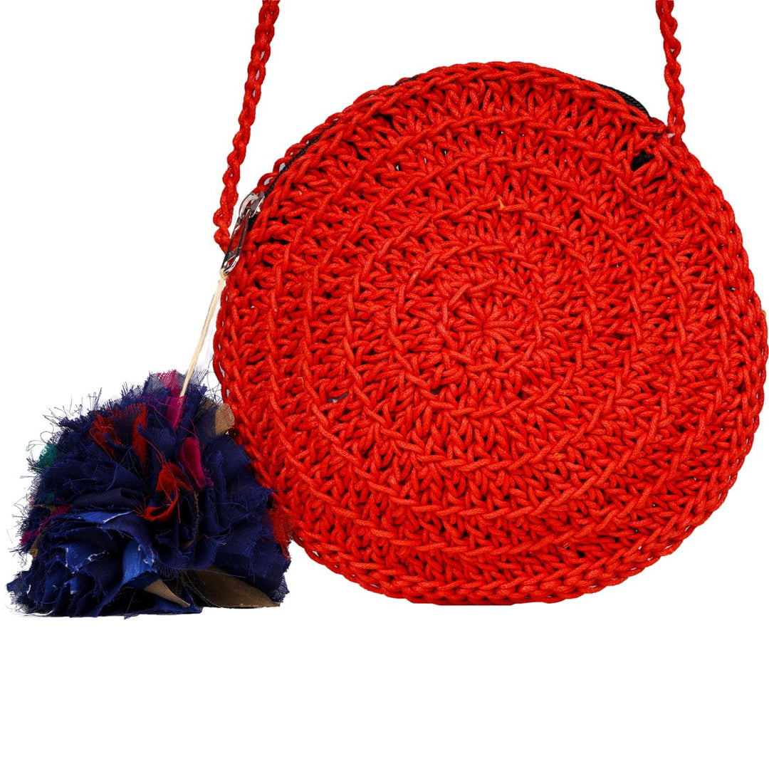 Miniature Round Sling Bag | Crochet Work | Cotton Yarn | Crimson Red