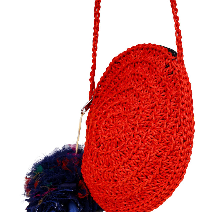 Miniature Round Sling Bag | Crochet Work | Cotton Yarn | Crimson Red