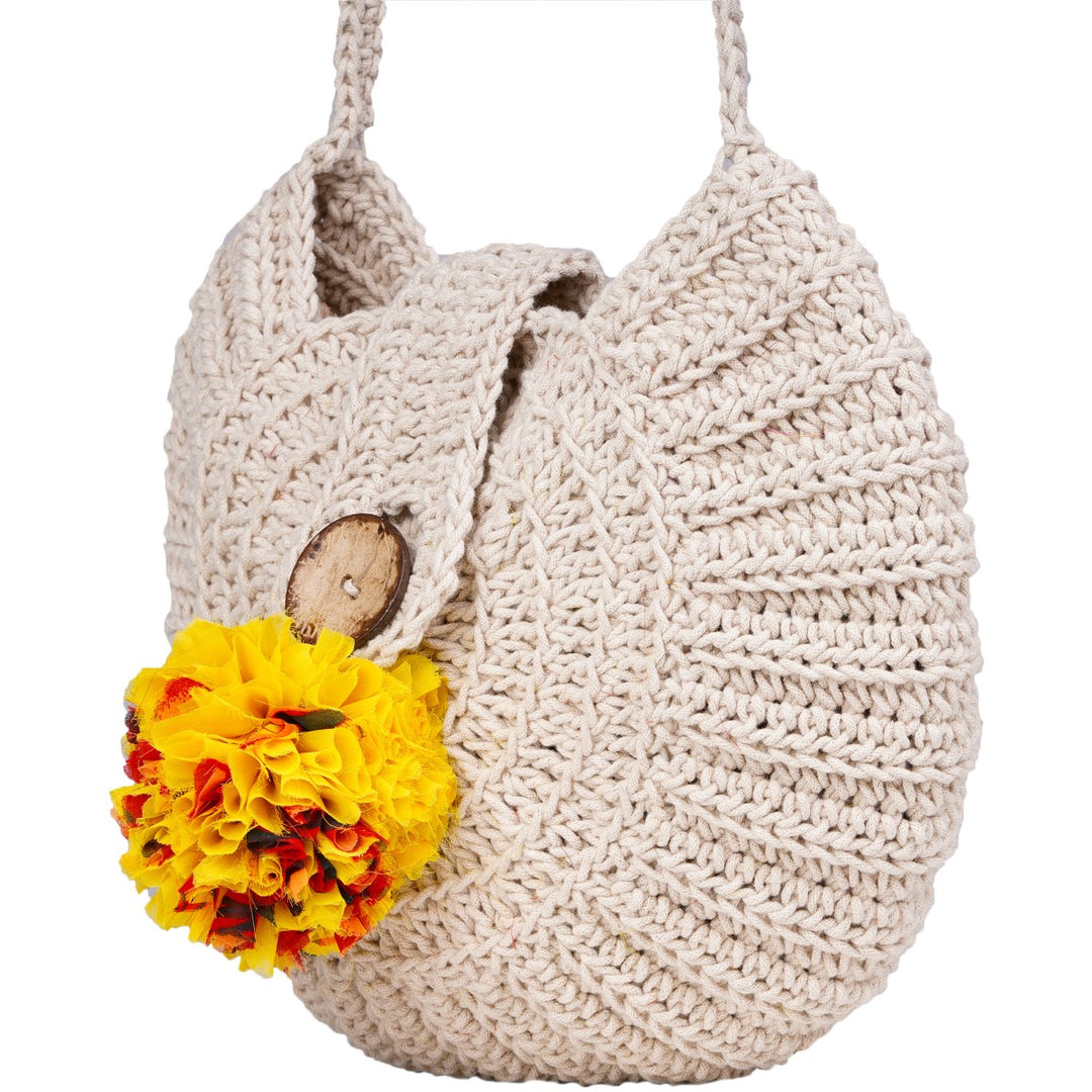 Hand-Crafted Semi-circle Sling Bag  | Hand-Crochet | Cotton Yarn | Off White