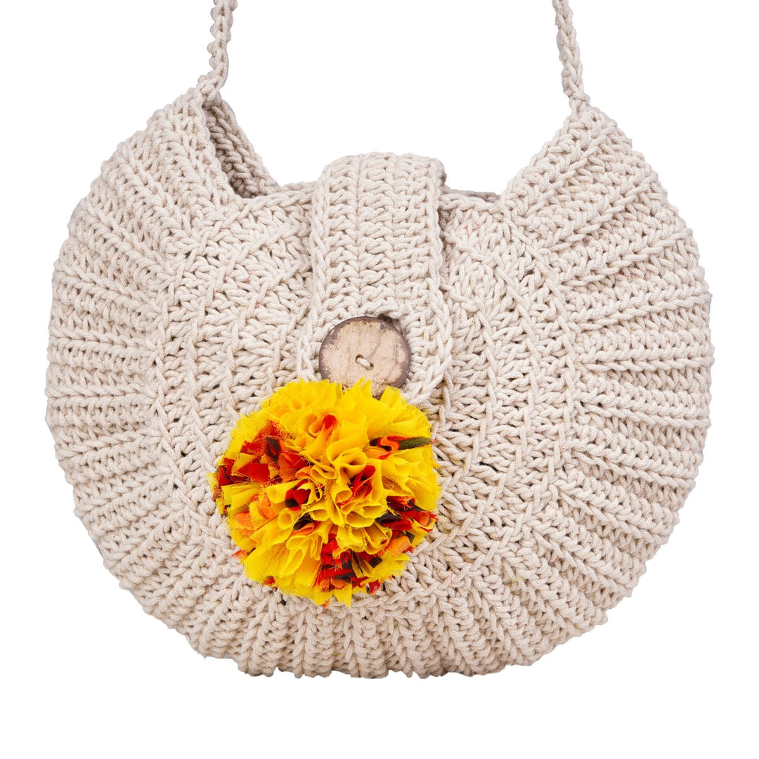 Hand-Crafted Semi-circle Sling Bag  | Hand-Crochet | Cotton Yarn | Off White