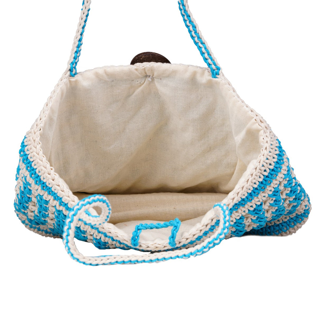 Striper Bucket Hand Bag  | Hand-Crochet | Cotton Yarn | Off White & Turquoise