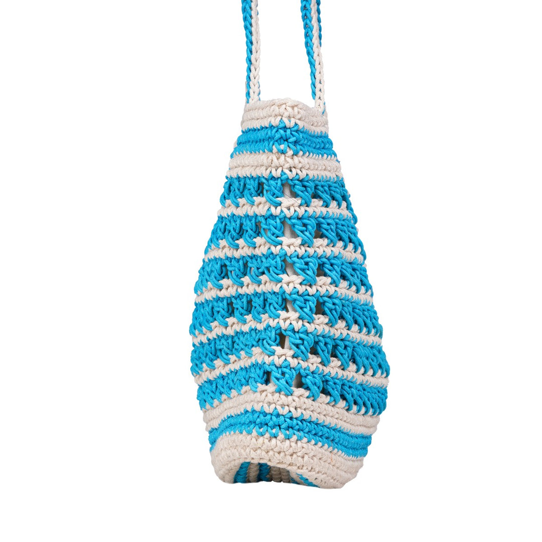 Striper Bucket Hand Bag  | Hand-Crochet | Cotton Yarn | Off White & Turquoise