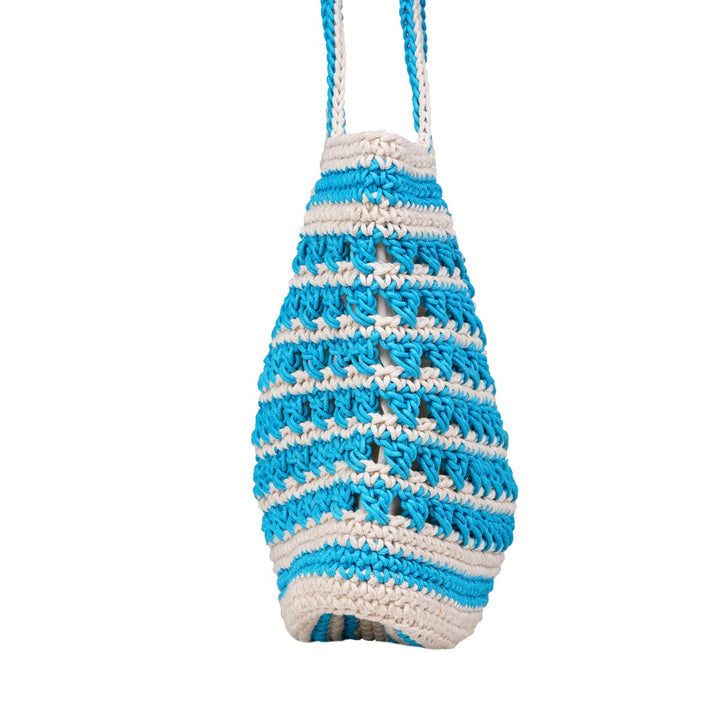 Striper Bucket Hand Bag  | Hand-Crochet | Cotton Yarn | Off White & Turquoise