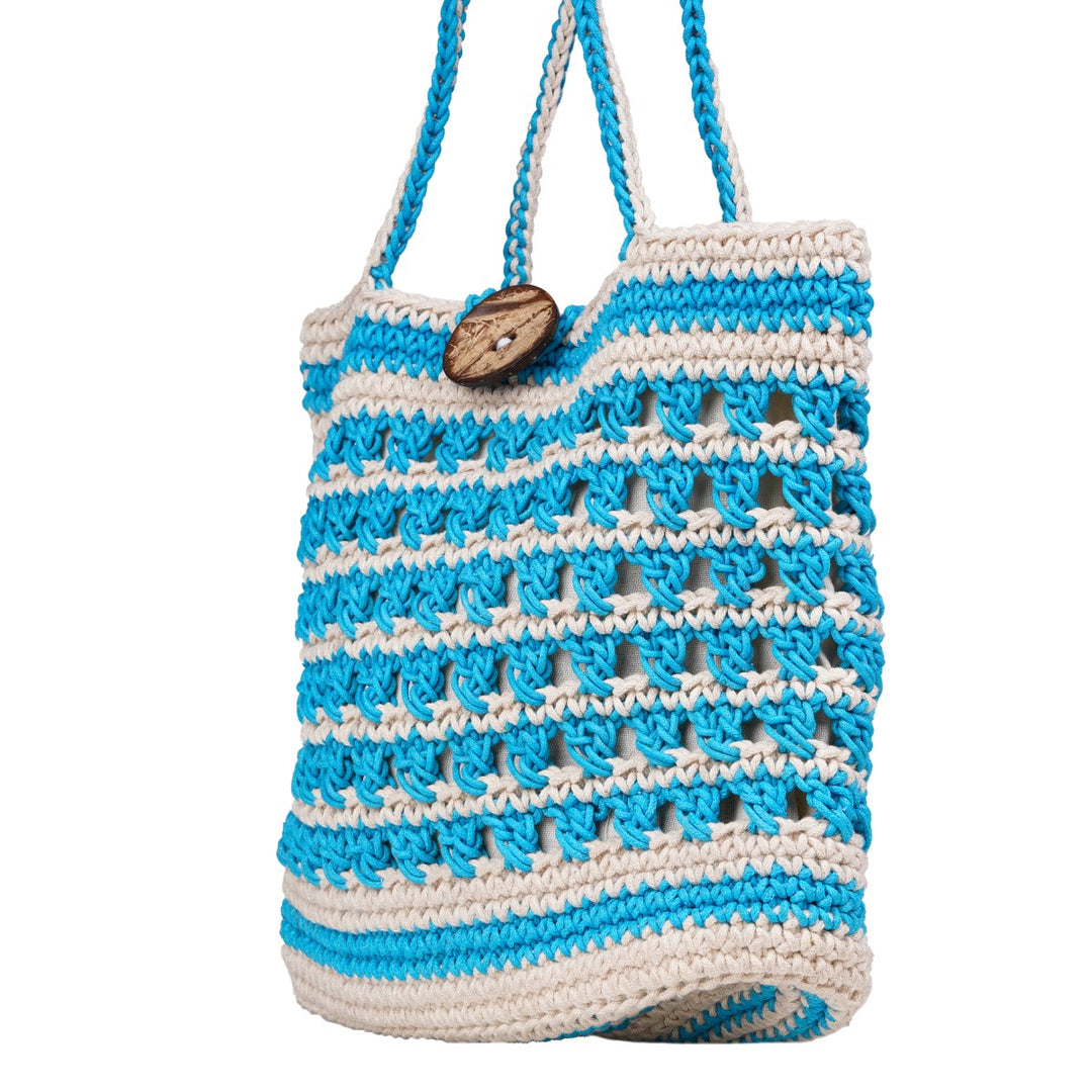 Striper Bucket Hand Bag  | Hand-Crochet | Cotton Yarn | Off White & Turquoise