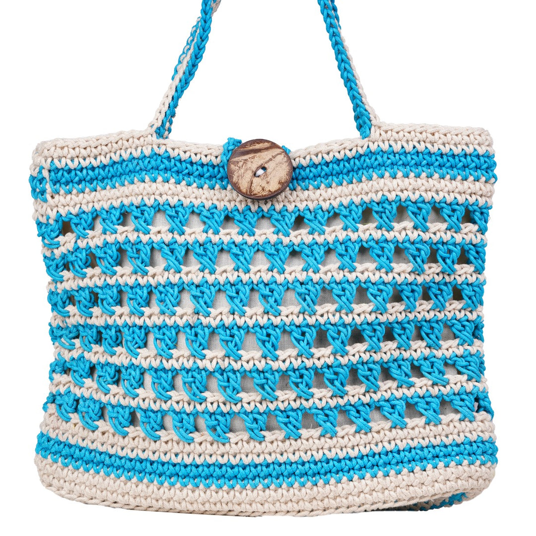 Striper Bucket Hand Bag  | Hand-Crochet | Cotton Yarn | Off White & Turquoise