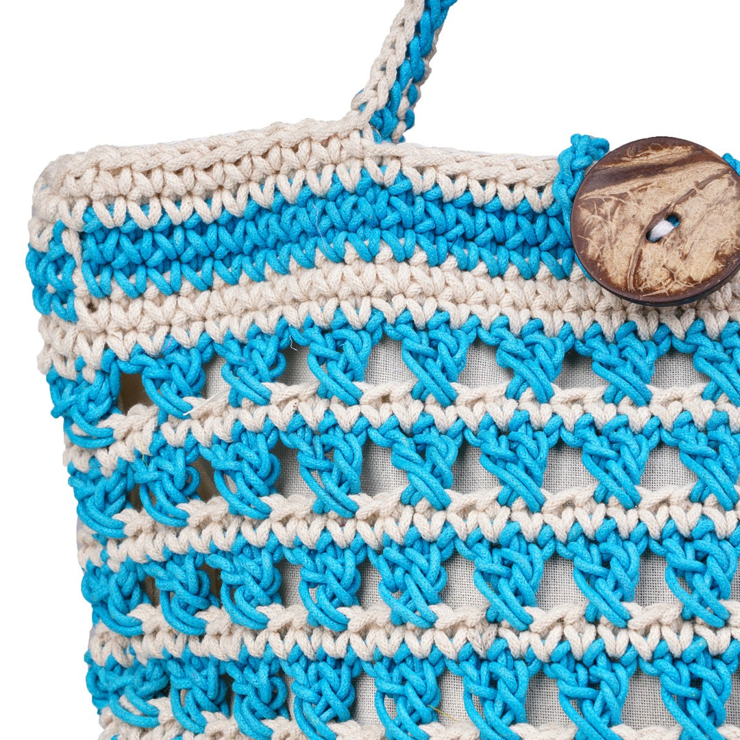 Striper Bucket Hand Bag  | Hand-Crochet | Cotton Yarn | Off White & Turquoise