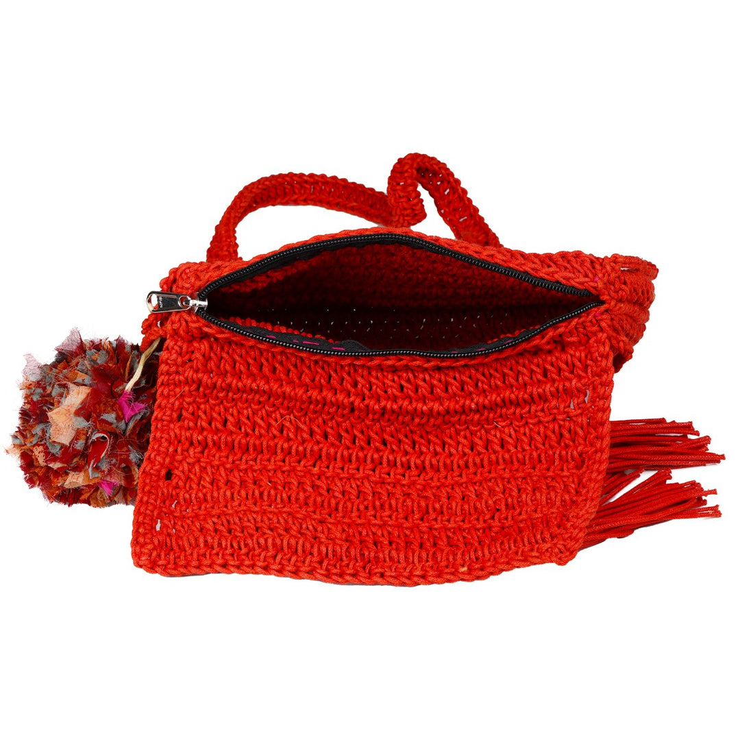 Tasseled Mini Sling Bag | Hand-Crochet | Cotton Yarn | Crimson Red