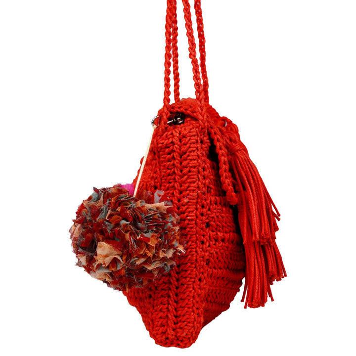 Tasseled Mini Sling Bag | Hand-Crochet | Cotton Yarn | Crimson Red