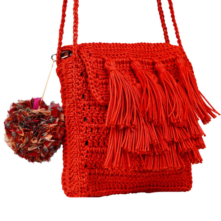 Tasseled Mini Sling Bag | Hand-Crochet | Cotton Yarn | Crimson Red