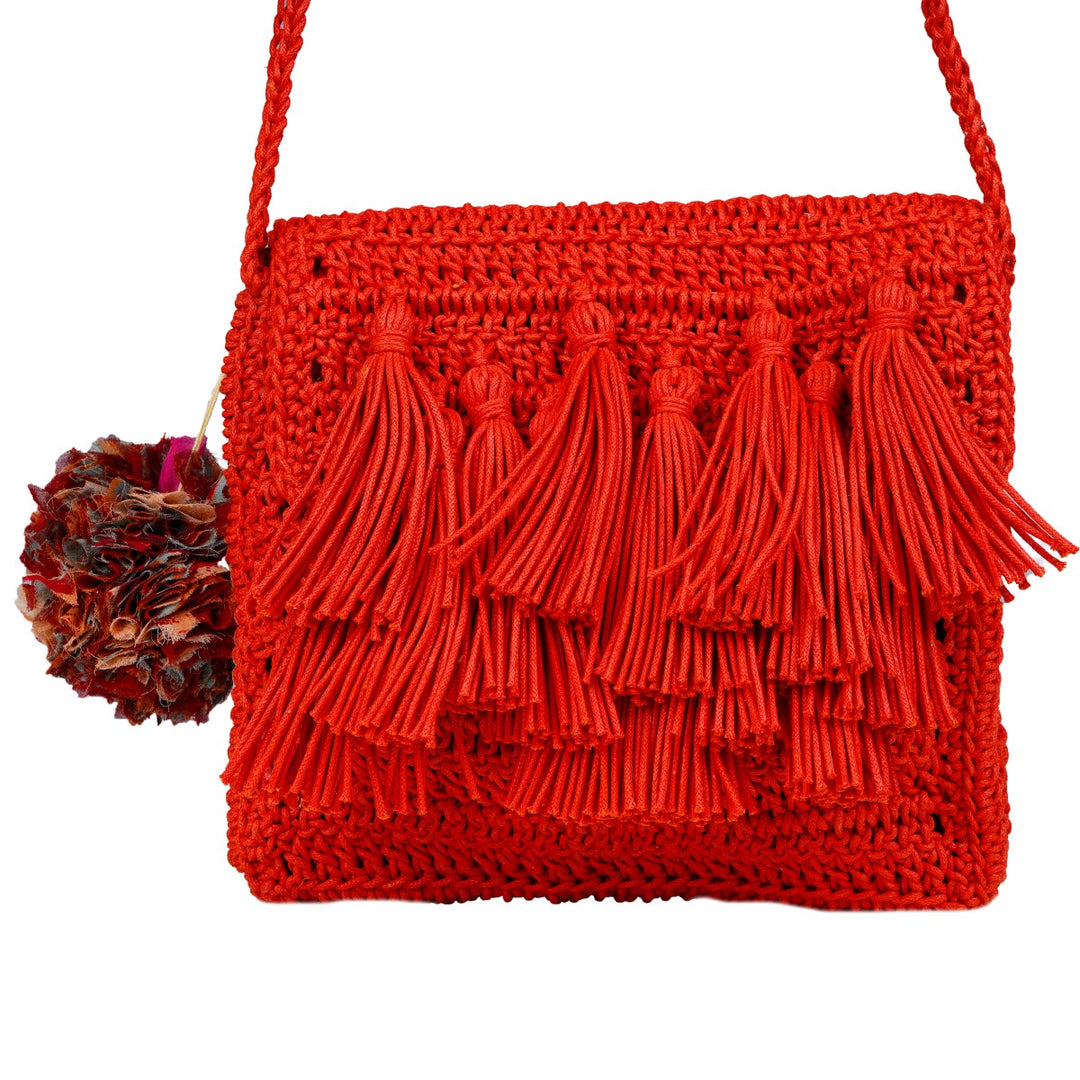 Tasseled Mini Sling Bag | Hand-Crochet | Cotton Yarn | Crimson Red