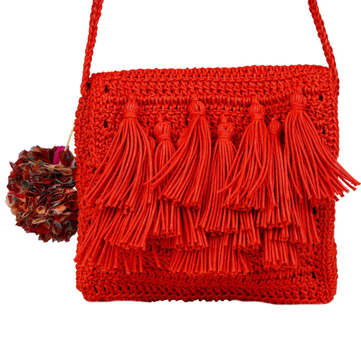 Tasseled Mini Sling Bag | Hand-Crochet | Cotton Yarn | Crimson Red