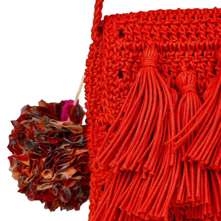 Tasseled Mini Sling Bag | Hand-Crochet | Cotton Yarn | Crimson Red