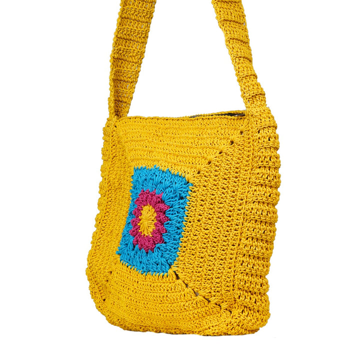 Chrysanthemum Quad Sling Bag | Hand-Crochet | Cotton Yarn | Mustard Yellow