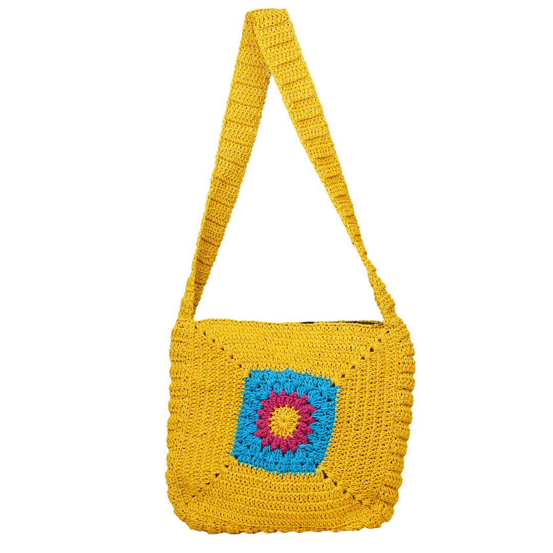 Chrysanthemum Quad Sling Bag | Hand-Crochet | Cotton Yarn | Mustard Yellow